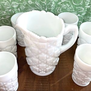 Vintage Westmoreland Milk Glass Quilt Pitcher & Tumbler Set